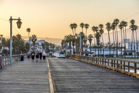 View looking down Stearn's Wharf towards the city in Santa Barbara, CA