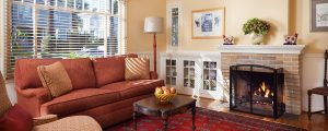 A view of Prestbury Cottage living room in the Cheshire Cat Inn, Santa Barbara, CA